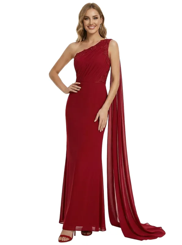 Elegant One Shoulder Formal Evening Gown Lace Chiffon Mermaid Floor Length Prom Dress made by ChicSew