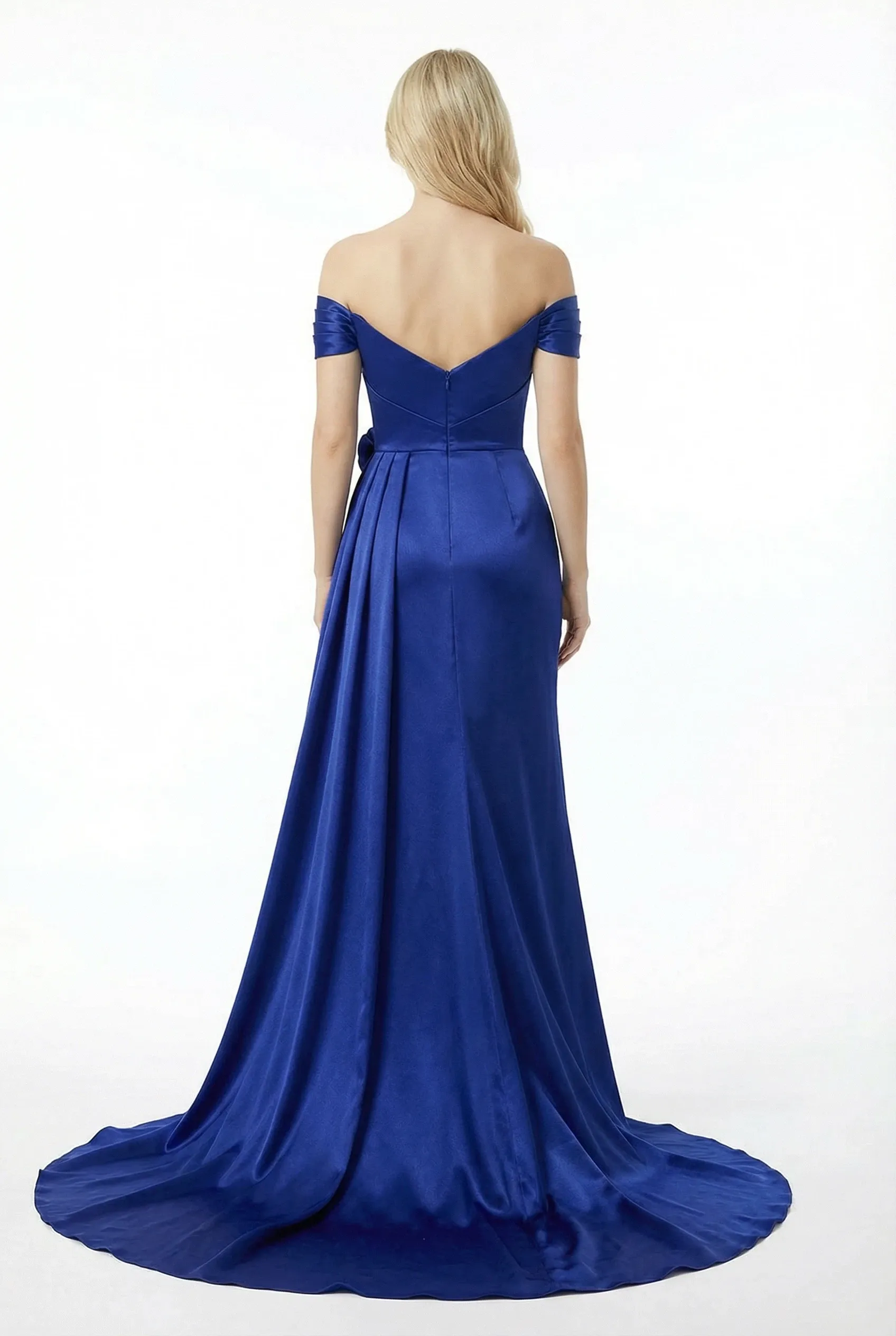 Chic Off The Shoulder Satin Mermaid Side Slit Ruched Prom Dress With Handmade Flower sold by ChicSew product image thumbnail 3