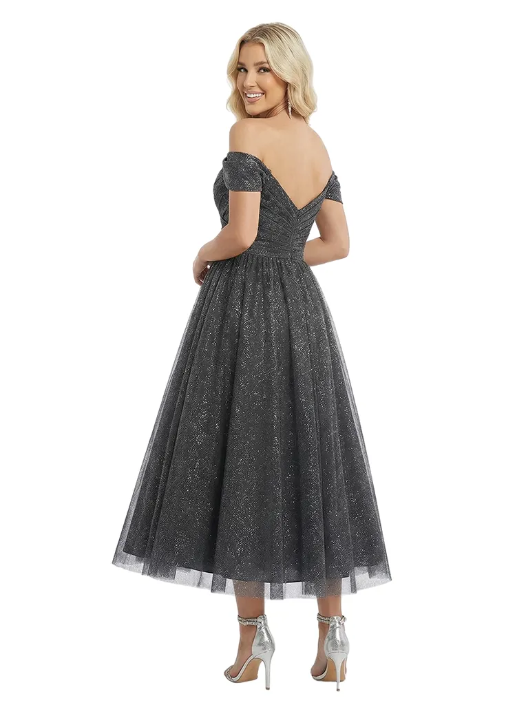 Sexy Off The Shoulder A-Line Ruched Midi Prom Gown Glitter Tulle Formal Events sold by ChicSew product image thumbnail 3