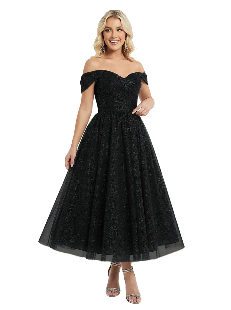 Sexy Off The Shoulder A-Line Ruched Midi Prom Gown Glitter Tulle Formal Events sold by ChicSew product image thumbnail 4