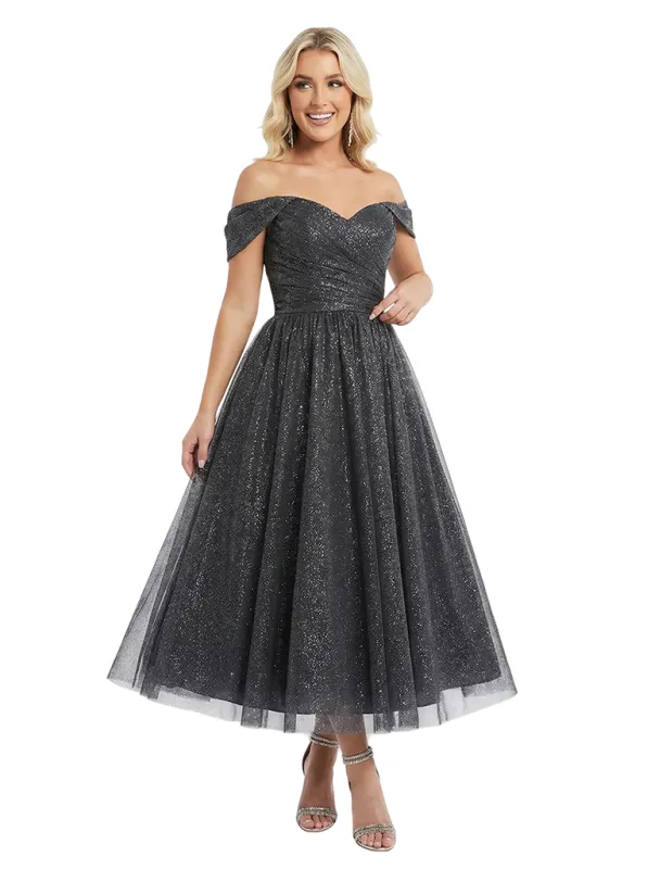 Sexy Off The Shoulder A-Line Ruched Midi Prom Gown Glitter Tulle Formal Events sold by ChicSew