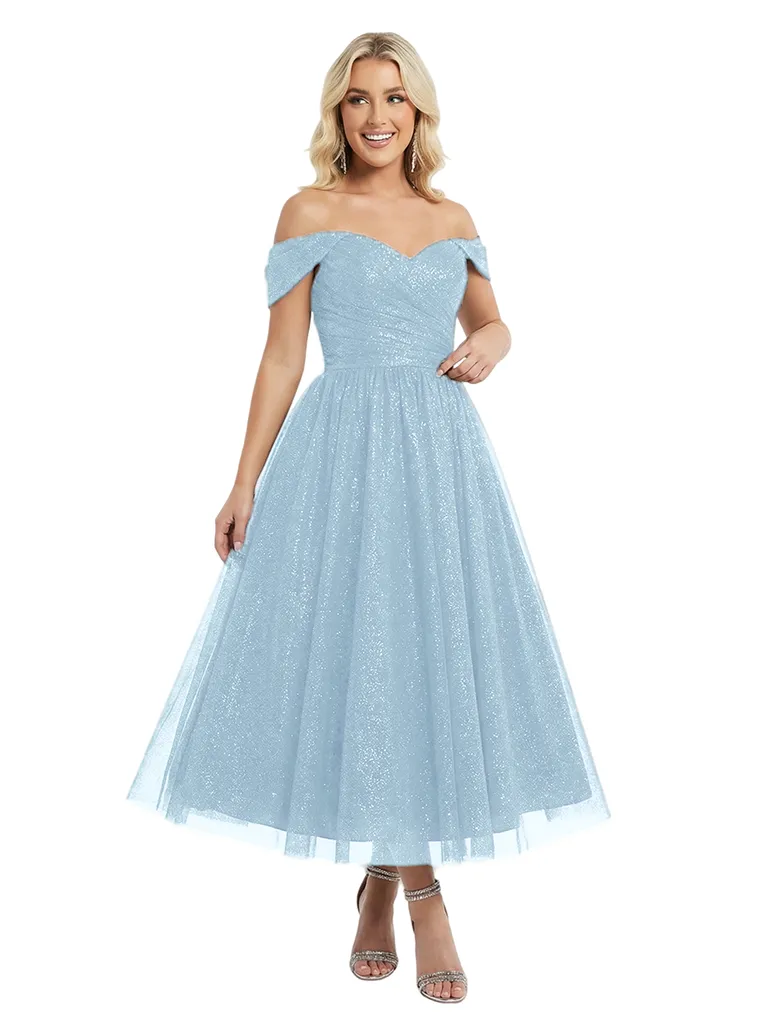 Sexy Off The Shoulder A-Line Ruched Midi Prom Gown Glitter Tulle Formal Events sold by ChicSew product image thumbnail 5