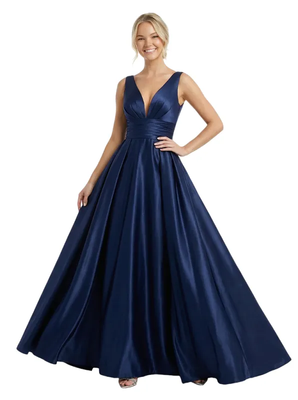 Classy V-Neck A-Line Floor-Length Ruched Satin Party Prom Gown sold by ChicSew