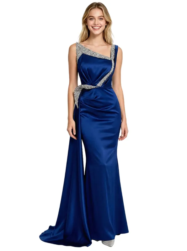 Chic Asymmetrical Glitter Rhinestone Mermaid Ruched Prom Dress With Side Drape sold by ChicSew
