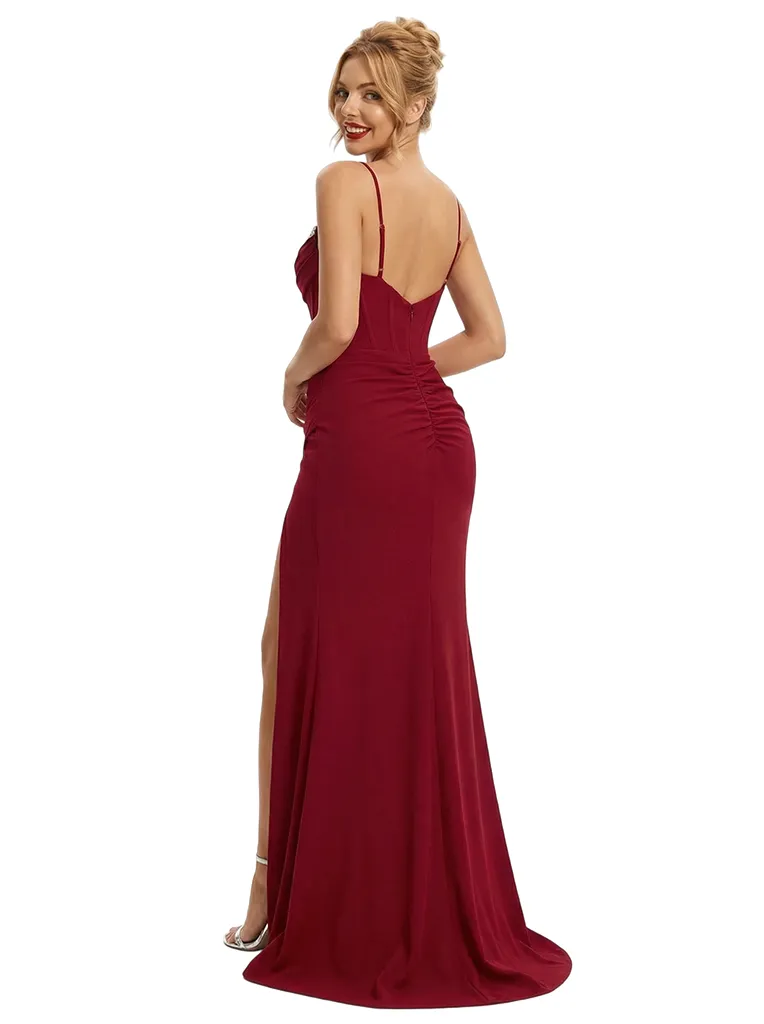 Elegant Spaghetti Straps V-Neck Rhinestone Beaded Mermaid Crepe Evening Prom Dresses sold by ChicSew product image thumbnail 3