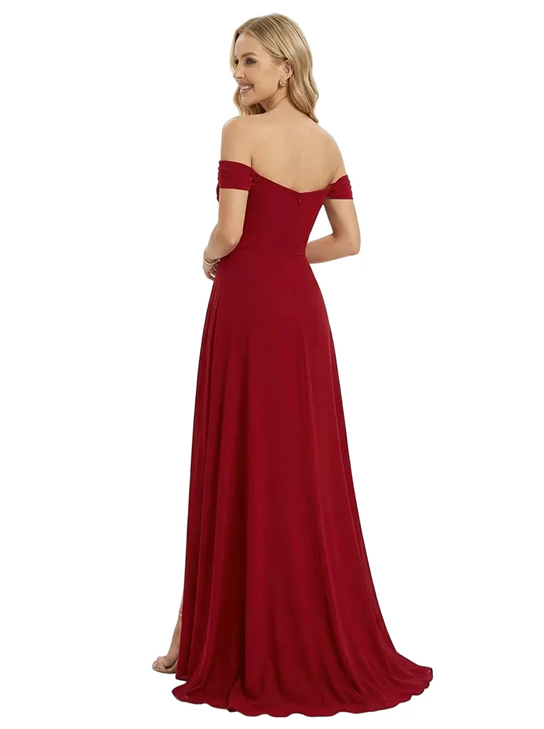 Sexy Off Shoulder Ruched Mermaid Crepe Side Slit Evening Prom Dresses sold by ChicSew product image thumbnail 3