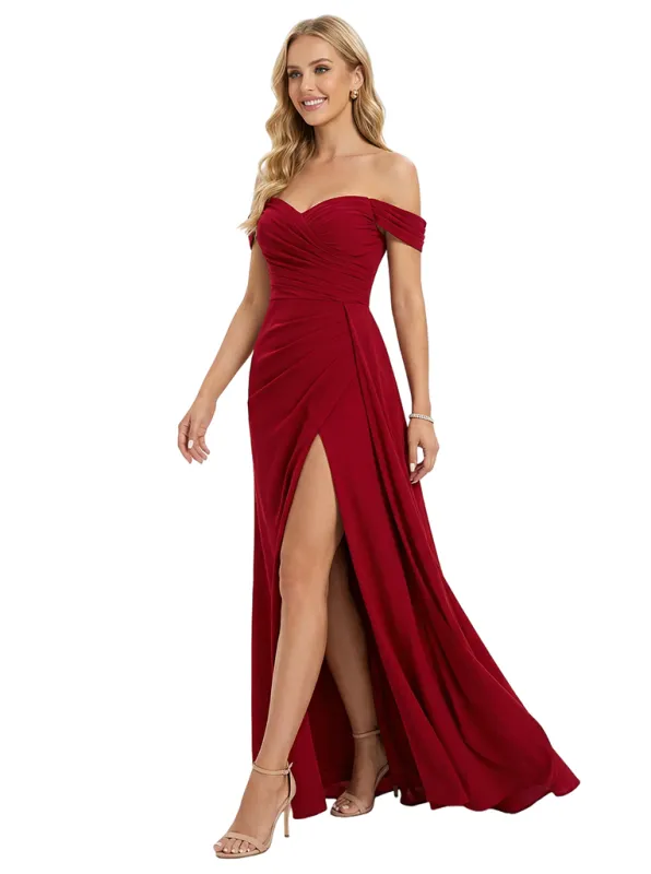 Sexy Off Shoulder Ruched Mermaid Crepe Side Slit Evening Prom Dresses sold by ChicSew