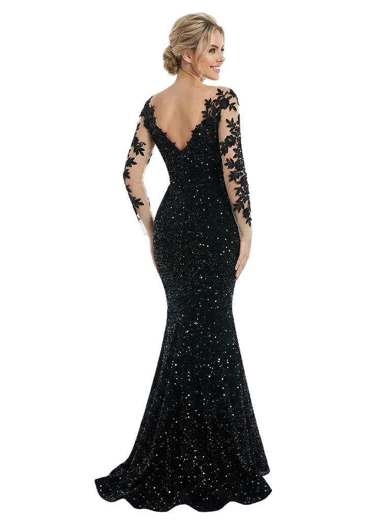 Beautiful Floral Applique Long Sleeves Sequin V-Neck Mermaid Prom Dress sold by ChicSew product image thumbnail 3