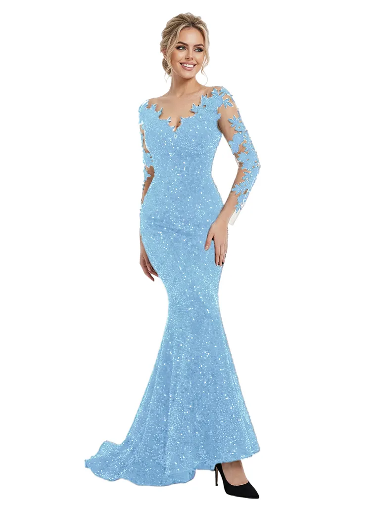 Beautiful Floral Applique Long Sleeves Sequin V-Neck Mermaid Prom Dress sold by ChicSew product image thumbnail 5