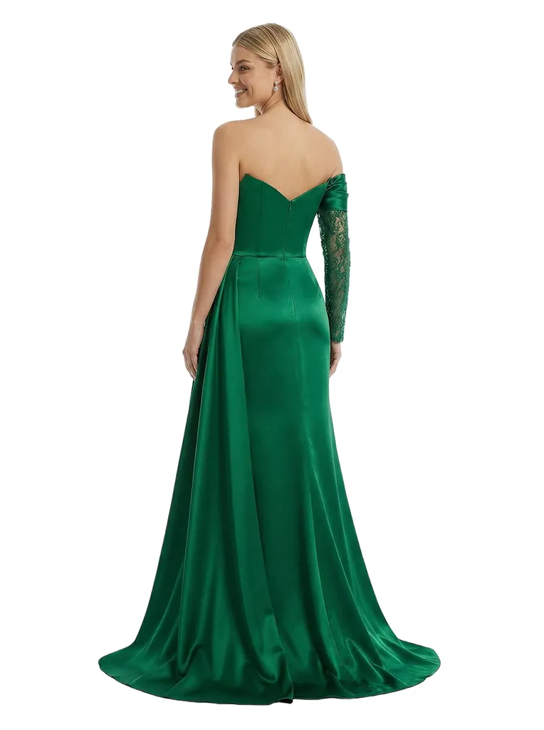 Sexy Asymmetrical Neckline Side Slit Mermaid Satin Prom Gown With One Lace Long Sleeve sold by ChicSew product image thumbnail 3