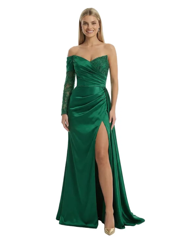 Sexy Asymmetrical Neckline Side Slit Mermaid Satin Prom Gown With One Lace Long Sleeve made by ChicSew