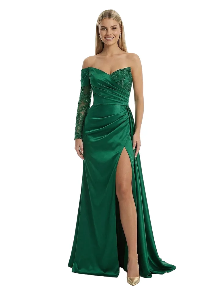 Sexy Asymmetrical Neckline Side Slit Mermaid Satin Prom Gown With One Lace Long Sleeve sold by ChicSew