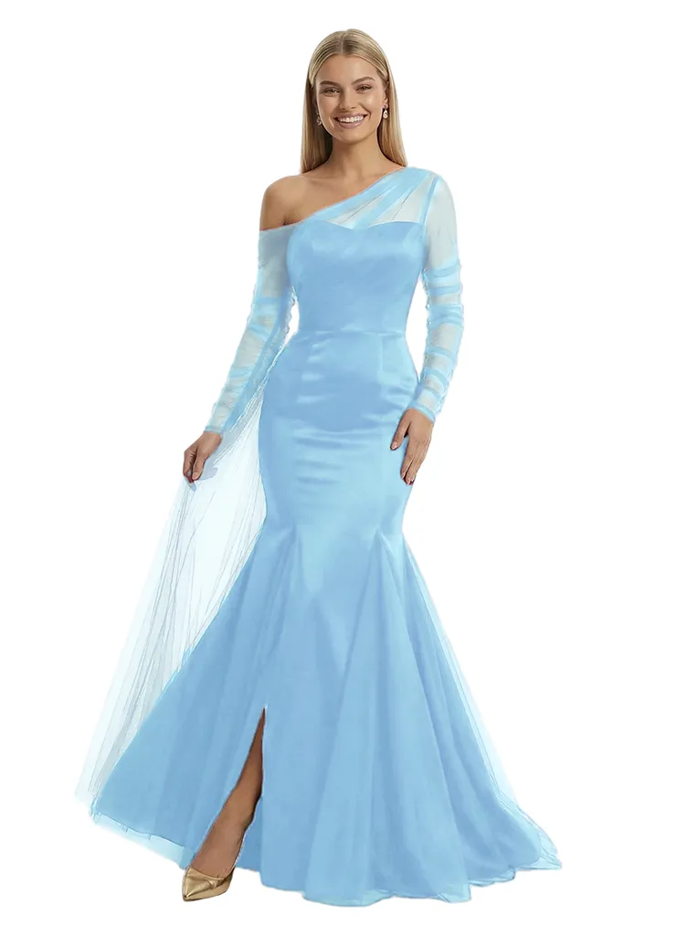 Chic Ruched One Shoulder Long Sleeve Mermaid Gown Tulle Classy Formal Prom Dress sold by ChicSew product image thumbnail 5