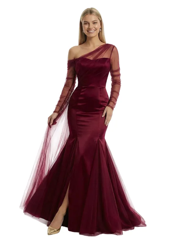 Chic Ruched One Shoulder Long Sleeve Mermaid Gown Tulle Classy Formal Prom Dress sold by ChicSew