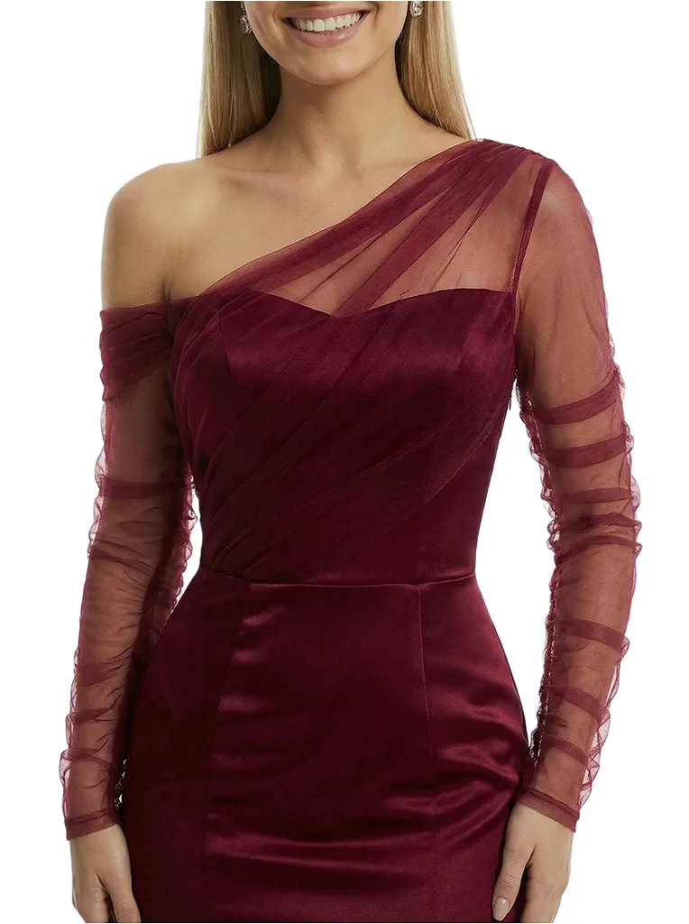 Chic Ruched One Shoulder Long Sleeve Mermaid Gown Tulle Classy Formal Prom Dress sold by ChicSew product image thumbnail 2