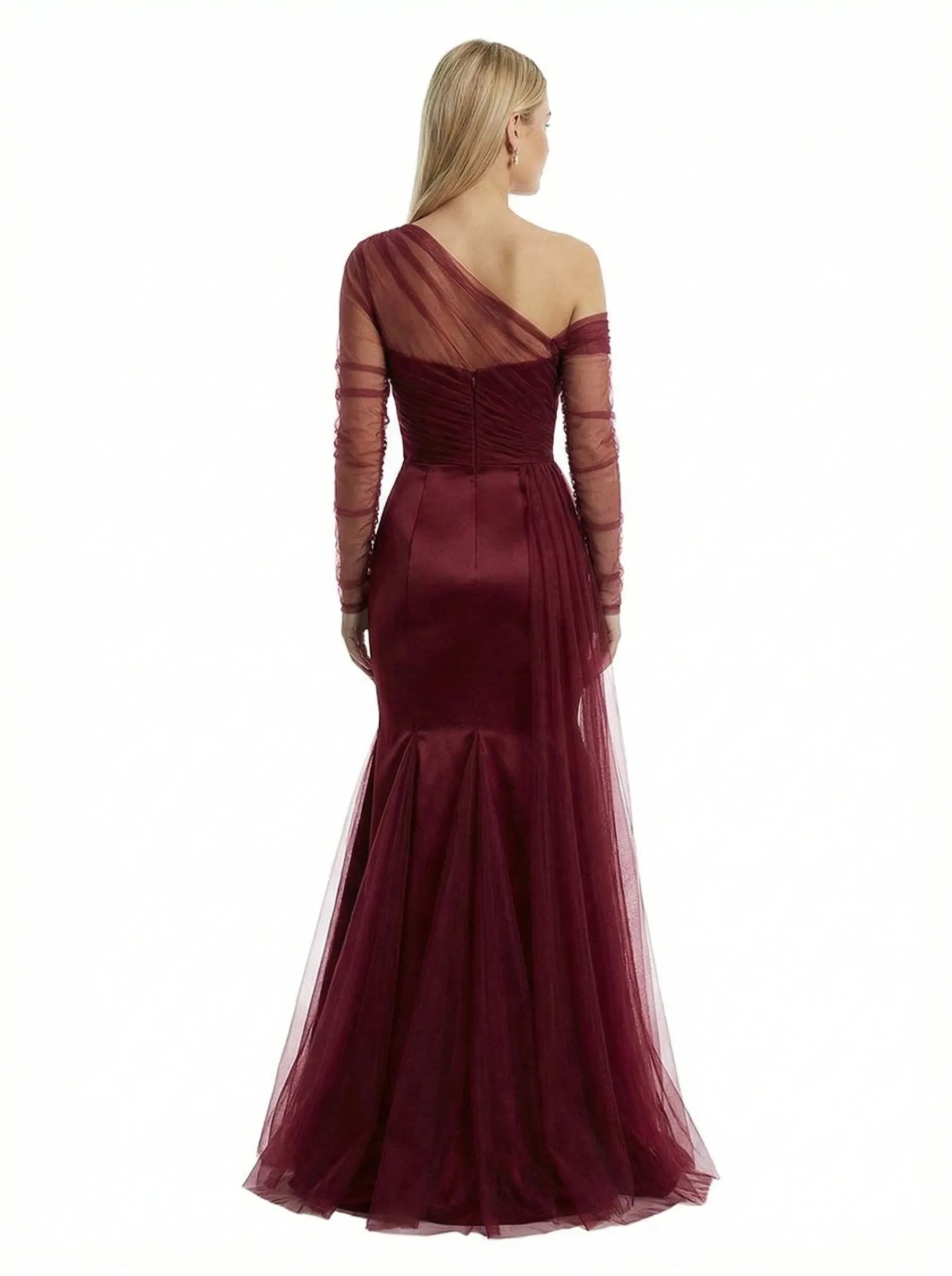 Chic Ruched One Shoulder Long Sleeve Mermaid Gown Tulle Classy Formal Prom Dress sold by ChicSew product image thumbnail 3