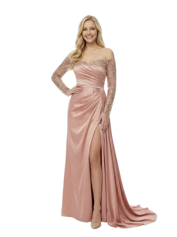 Off Shoulder Satin Beaded Long Sleeves Prom Gown Unique Mermaid Long Party Dresses sold by ChicSew