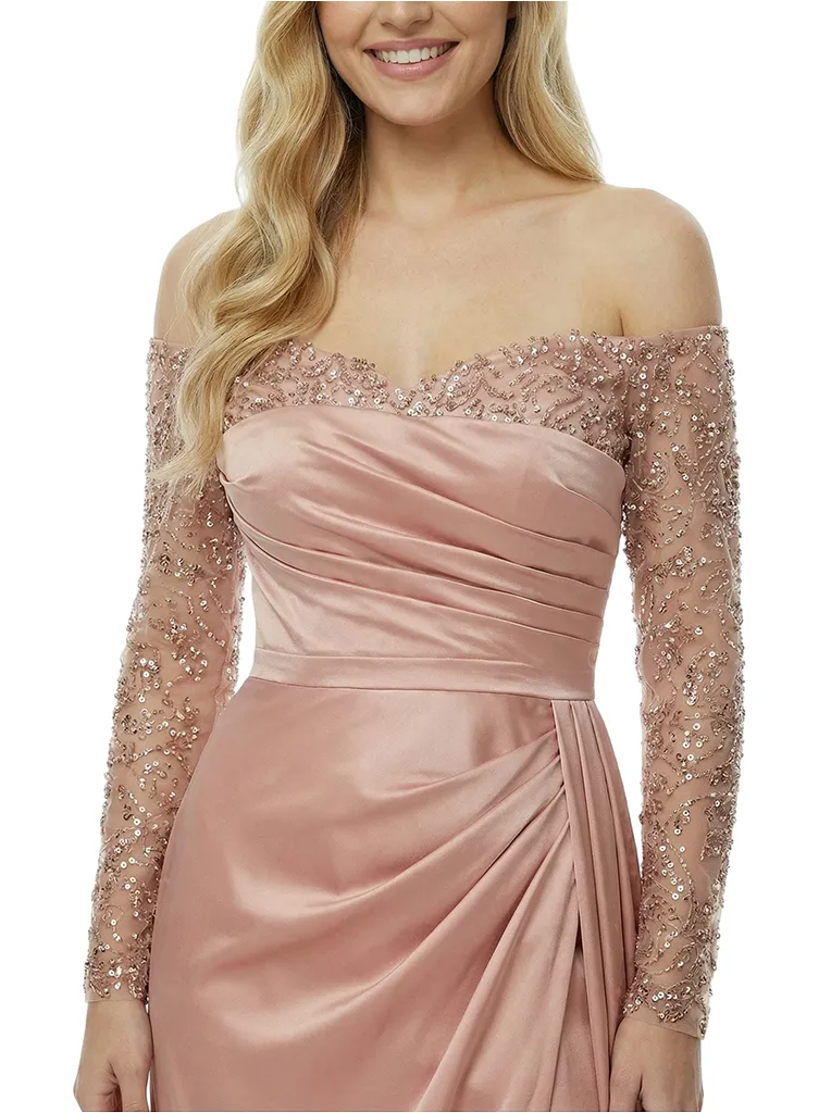 Off Shoulder Satin Beaded Long Sleeves Prom Gown Unique Mermaid Long Party Dresses sold by ChicSew product image thumbnail 2