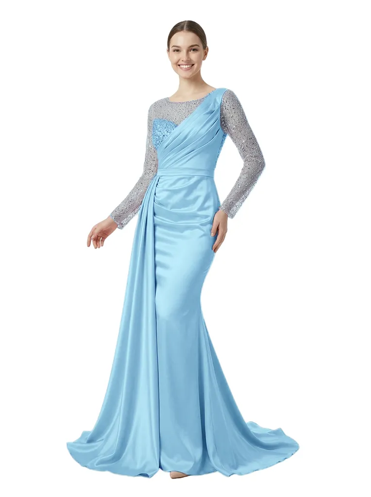 Unique Scoop Mermaid Sparkly Sequined Long Sleeves Satin Prom Dress With Waist Drape sold by ChicSew product image thumbnail 5