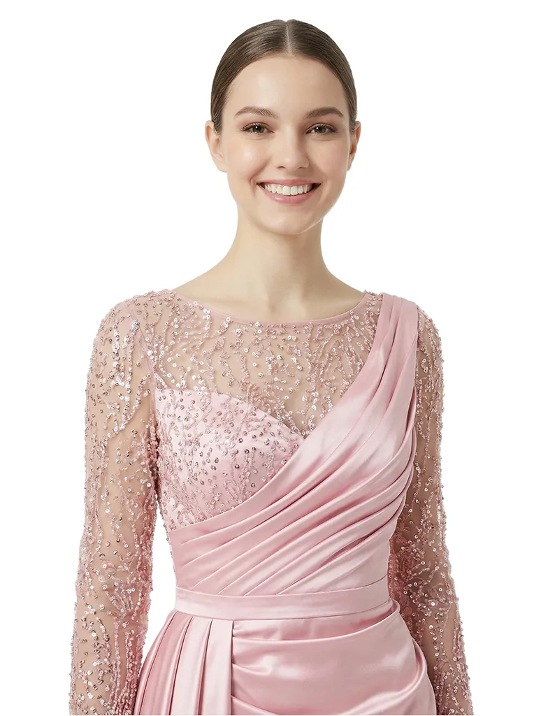 Unique Scoop Mermaid Sparkly Sequined Long Sleeves Satin Prom Dress With Waist Drape sold by ChicSew product image thumbnail 2