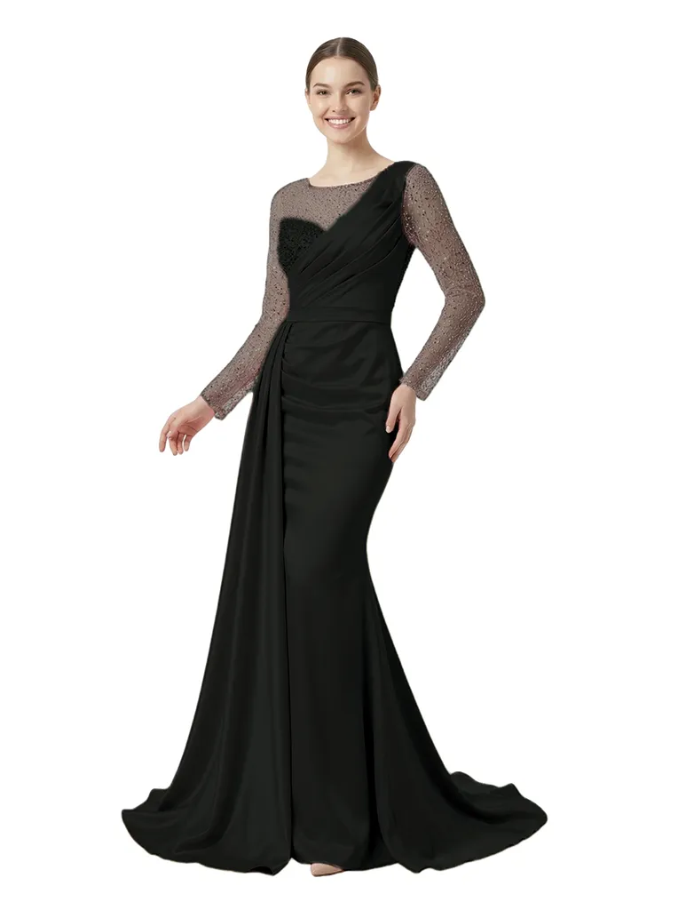 Unique Scoop Mermaid Sparkly Sequined Long Sleeves Satin Prom Dress With Waist Drape sold by ChicSew product image thumbnail 4