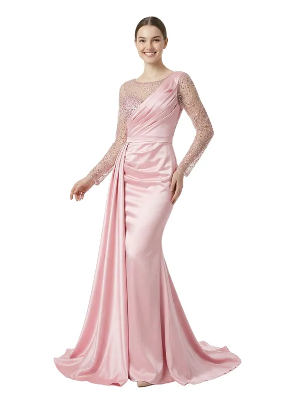 Unique Scoop Mermaid Sparkly Sequined Long Sleeves Satin Prom Dress With Waist Drape sold by ChicSew