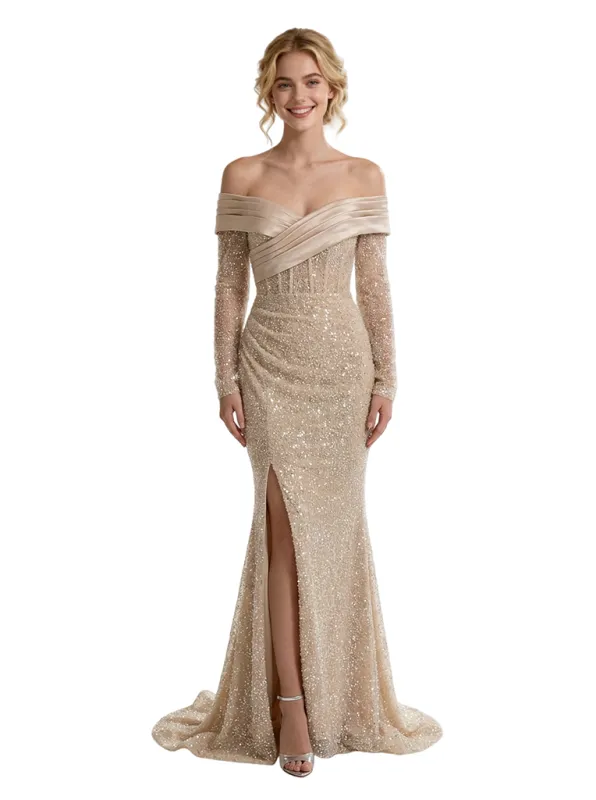 Pretty Off The Shoulder Long Sleeves Corsekt Sequin Side Slit Floor-Length Mermaid Evening Gown sold by ChicSew