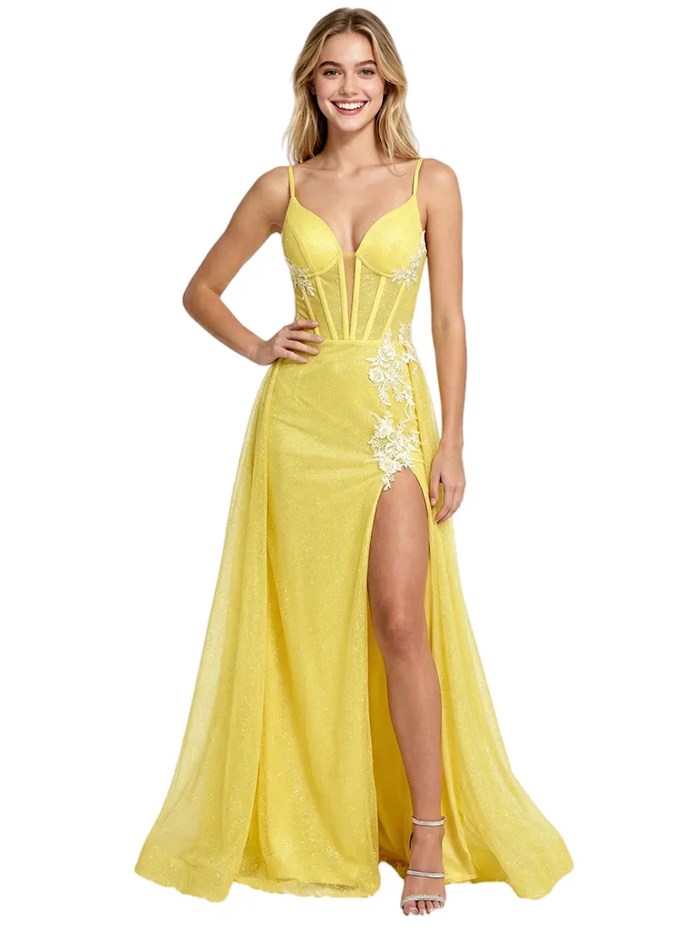 Sparkly Spaghetti Straps Corset Mermaid Sequined Long Evening Prom Dresses Side Slit sold by ChicSew