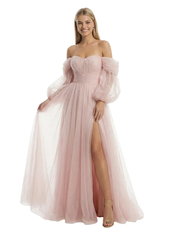 Chic Sweetheart Long Sleeves Side Slit Tulle A-Line Formal Prom Dress sold by ChicSew
