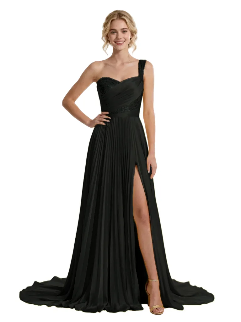 Modern Pleated Satin One Shoulder Side Slit A-Line Long Party Prom Dresses sold by ChicSew product image thumbnail 4