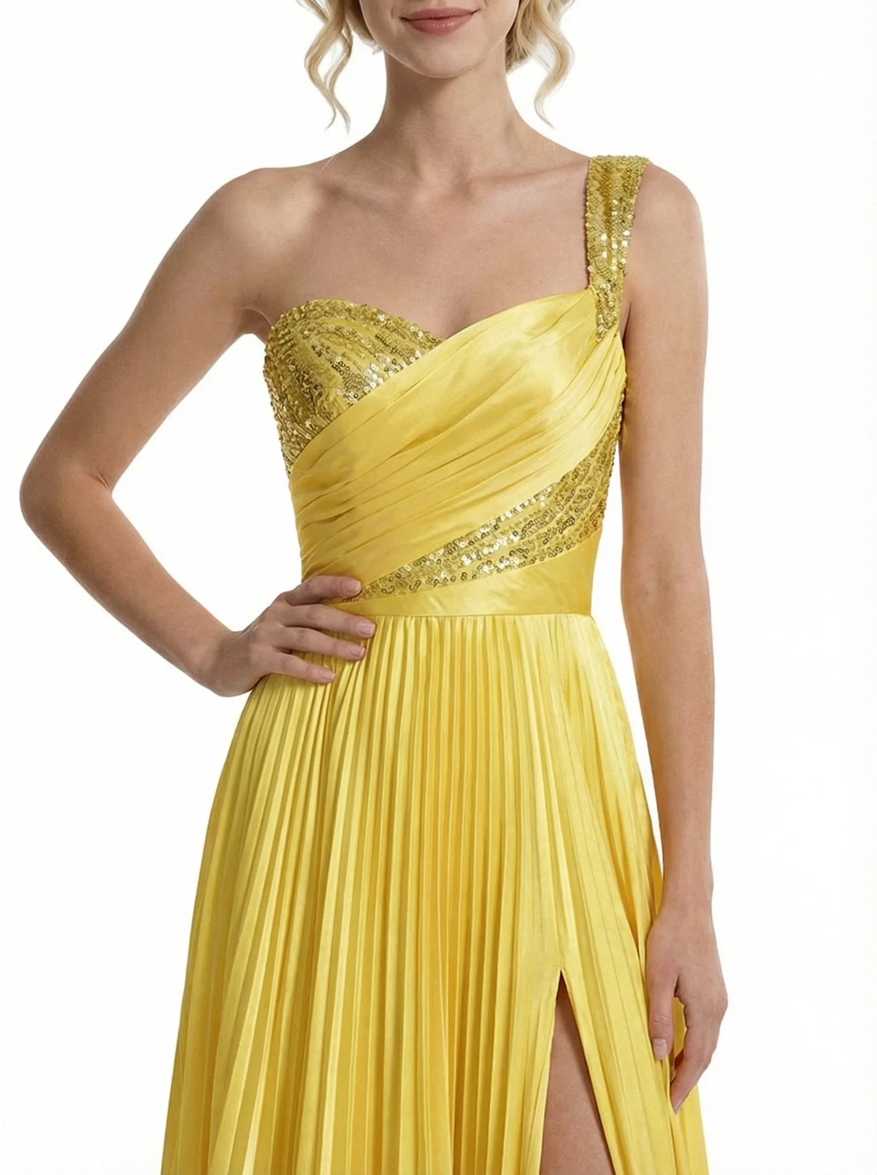 Modern Pleated Satin One Shoulder Side Slit A-Line Long Party Prom Dresses sold by ChicSew product image thumbnail 2