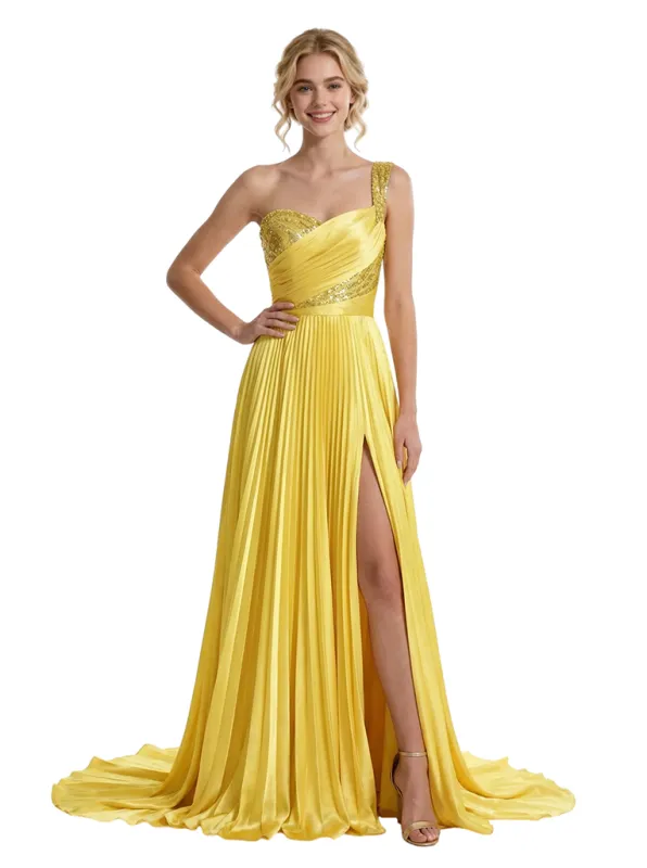 Modern Pleated Satin One Shoulder Side Slit A-Line Long Party Prom Dresses sold by ChicSew