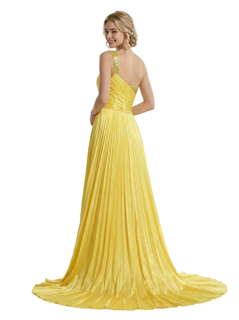 Modern Pleated Satin One Shoulder Side Slit A-Line Long Party Prom Dresses sold by ChicSew product image thumbnail 3