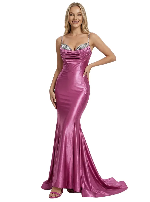 Sexy Sweetheart Spaghetti Straps Beaded Bodice Ruched Mermaid Satin Formal Prom Dress sold by ChicSew