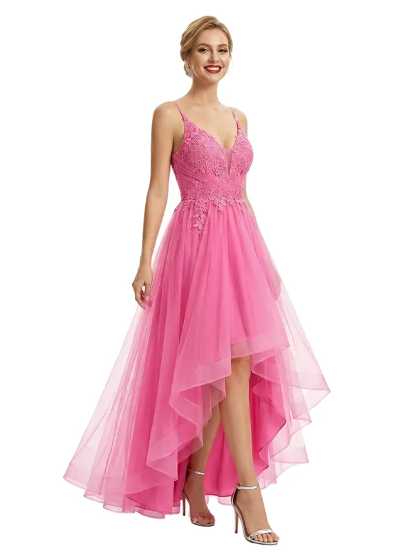 Sexy V-Neck Spaghetti Straps Sleeveless Tulle High-Low A-Line Formal Prom Dress sold by ChicSew