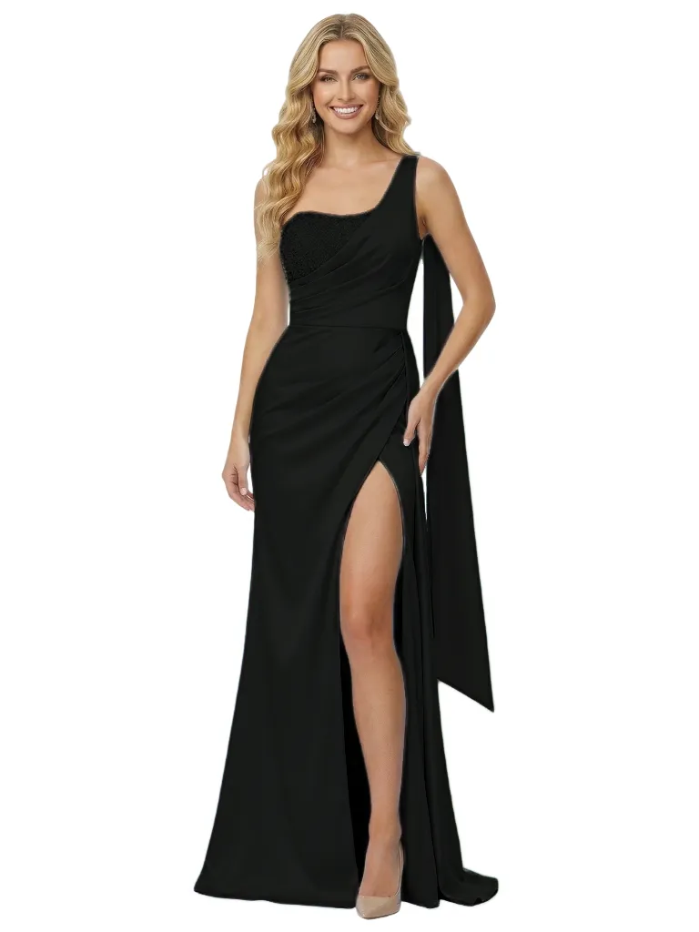 Modern Satin One Shoulder Mermaid Beaded Long Prom Gown Slit sold by ChicSew product image thumbnail 4