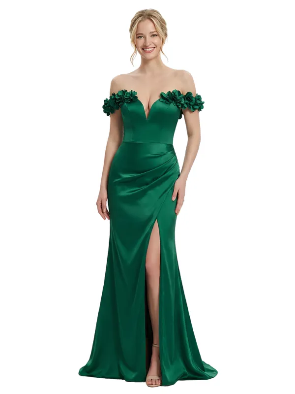 ChicSew Elegant Off Shoulder Ruched Satin Mermaid Formal Prom Dresses With Side Slit sold by ChicSew