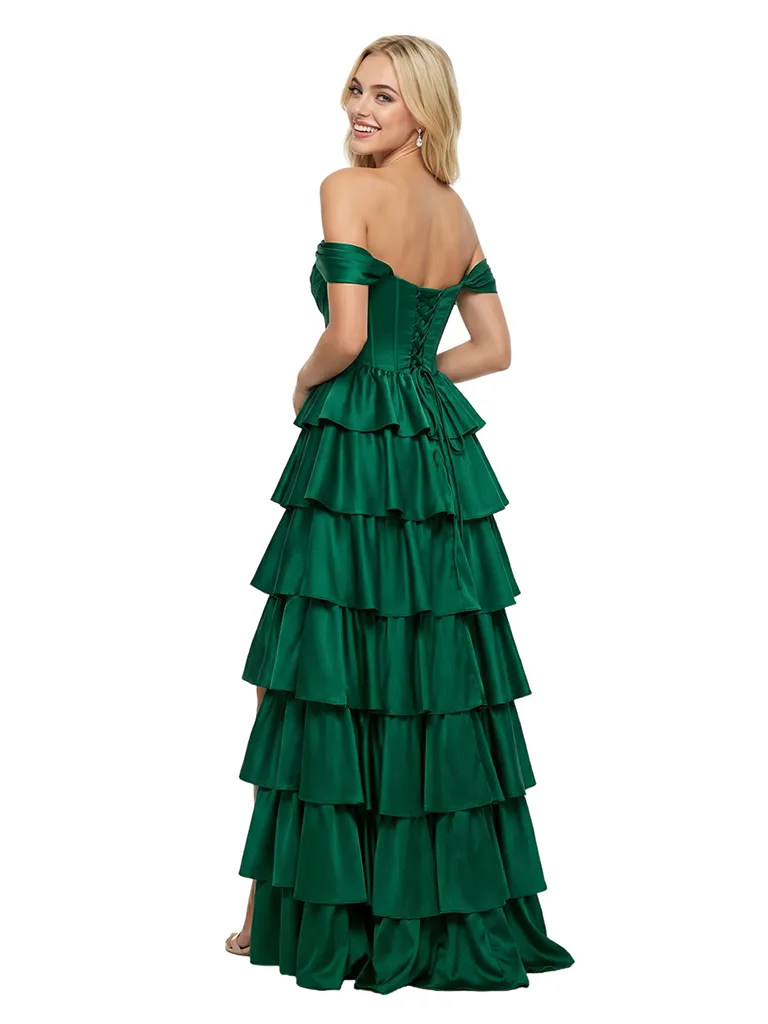 ChicSew Elegant Satin Off Shoulder Tiered Ruffle Skirt A-Line Formal Prom Dresses Slit sold by ChicSew product image thumbnail 2