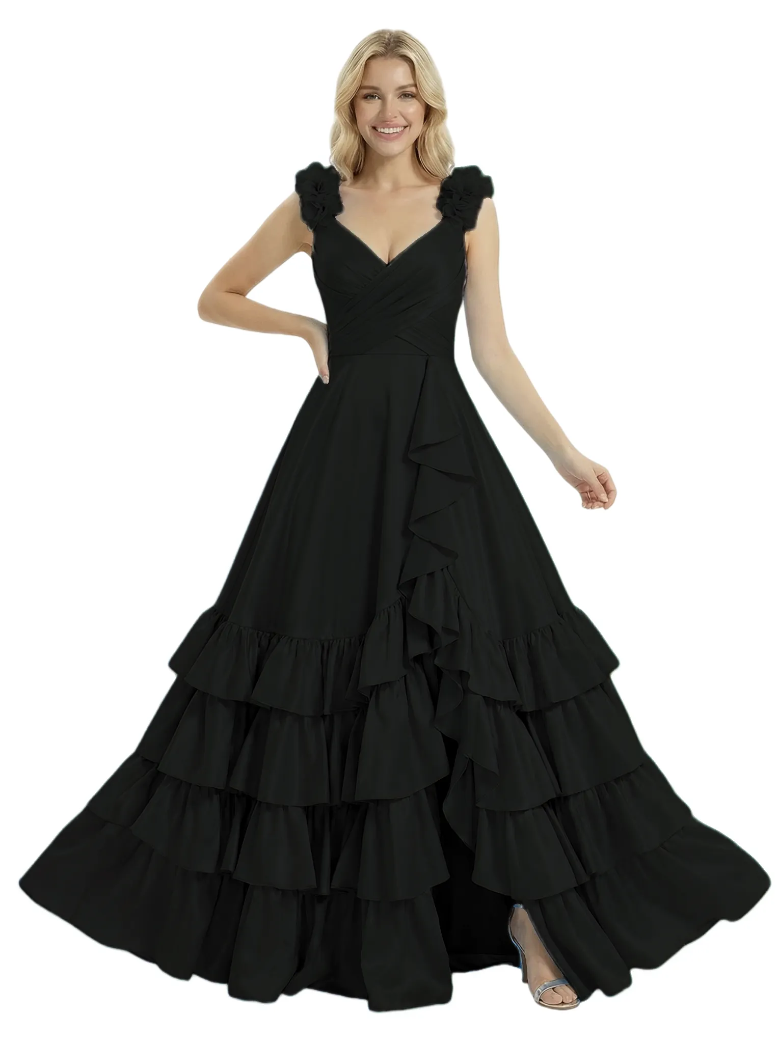 ChicSew Elegant Satin V-Neck Floral Straps Ruffles A-Line Formal Prom Dresses With Side Slit sold by ChicSew product image thumbnail 4