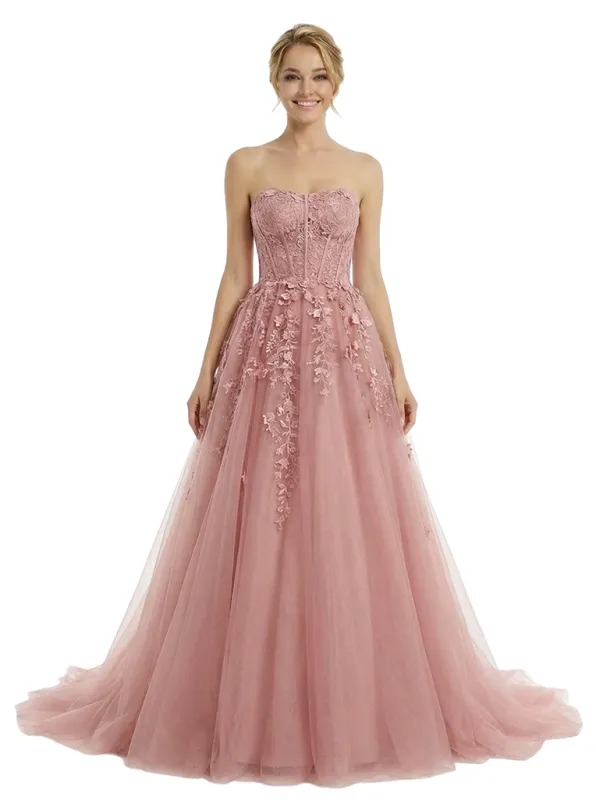 ChicSew Elegant Tulle Strapless Corset Lace A-Line Formal Prom Dresses sold by ChicSew