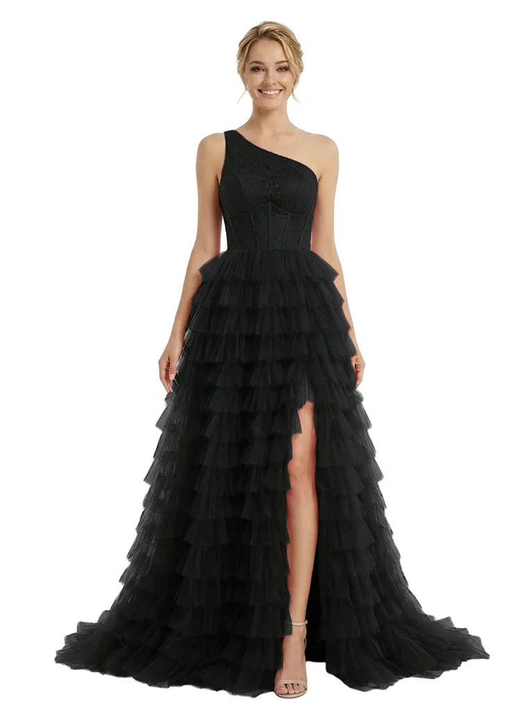 ChicSew Elegant One Shoulder Tiered Ruffles Side Slit Lace Mermaid Formal Prom Ball Gown Dresses sold by ChicSew product image thumbnail 4