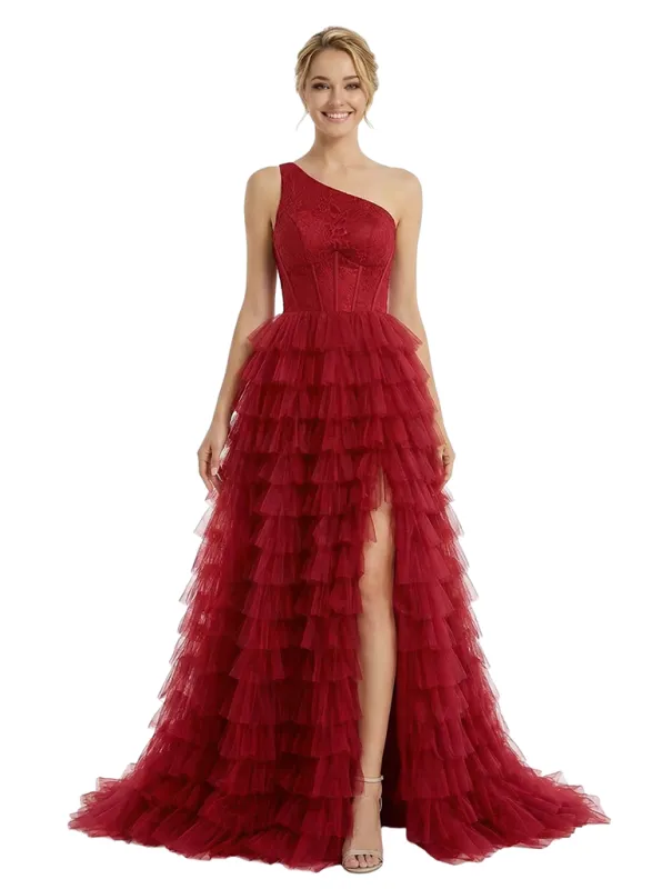 ChicSew Elegant One Shoulder Tiered Ruffles Side Slit Lace Mermaid Formal Prom Ball Gown Dresses sold by ChicSew