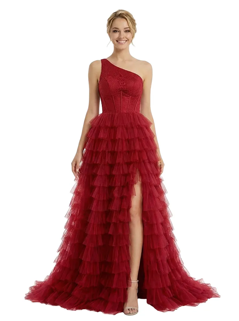 ChicSew Elegant One Shoulder Tiered Ruffles Side Slit Lace Mermaid Formal Prom Ball Gown Dresses sold by ChicSew