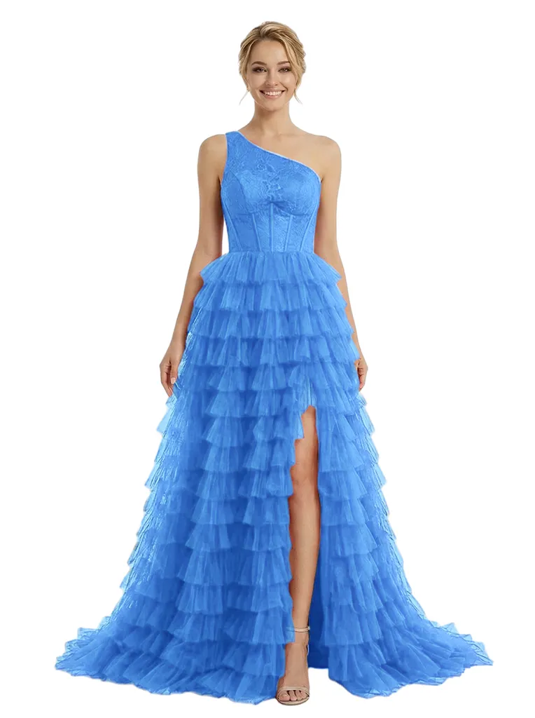 ChicSew Elegant One Shoulder Tiered Ruffles Side Slit Lace Mermaid Formal Prom Ball Gown Dresses sold by ChicSew product image thumbnail 5