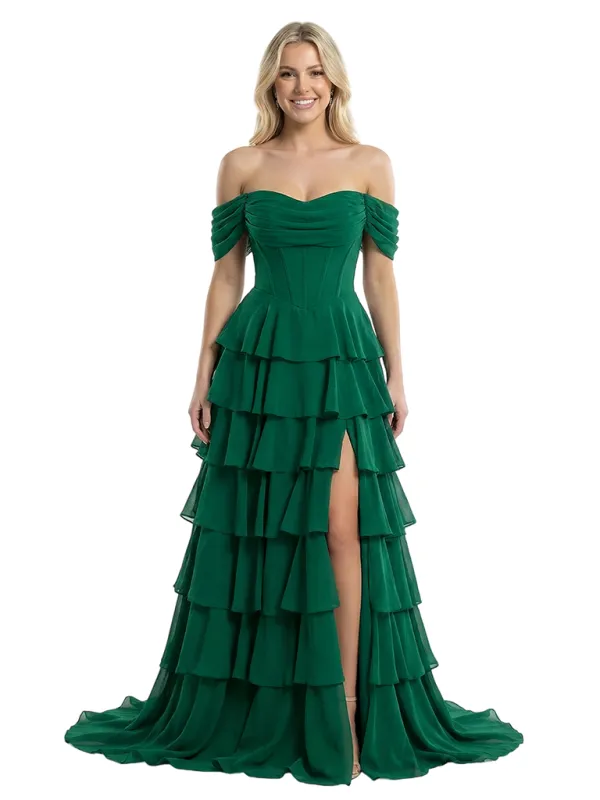 ChicSew Elegant Off Shoulder Tiered Ruffles Side Slit Chiffon Mermaid Formal Prom Dresses sold by ChicSew