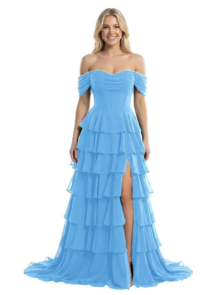 ChicSew Elegant Off Shoulder Tiered Ruffles Side Slit Chiffon Mermaid Formal Prom Dresses sold by ChicSew product image thumbnail 5