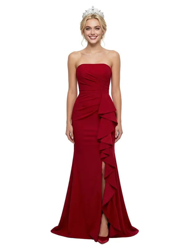 ChicSew Sexy Strapless Sleeveless Mermaid Crepe Ruffles Side Slit Evening Prom Dresses sold by ChicSew