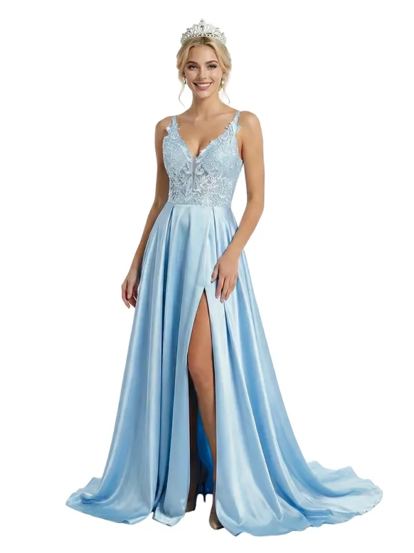 ChicSew Elegant Spaghetti Strap V-Neck Prom Dress Lace Applique High Slit A-Line Silhouette Floor Length Formal Evening Gown sold by ChicSew