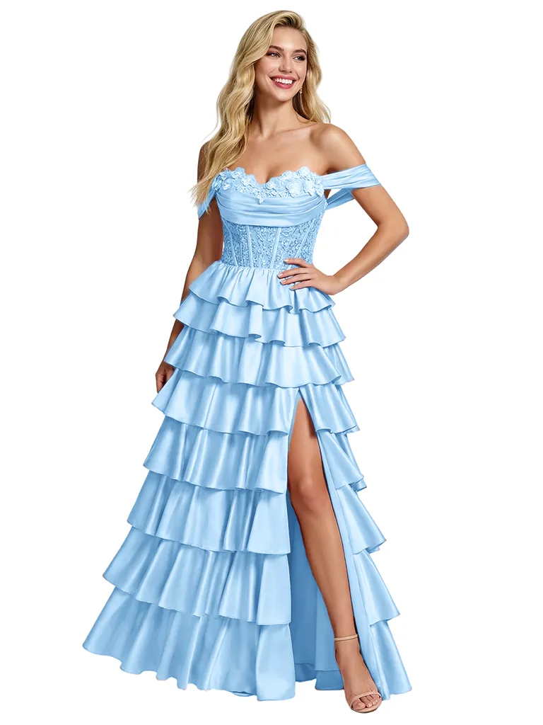 ChicSew Fancy Off Shoulder Lace Corset Bodice Tiered Ruffle High Slit A-Line Silhouette Floor Length Formal Evening Gown sold by ChicSew product image thumbnail 5