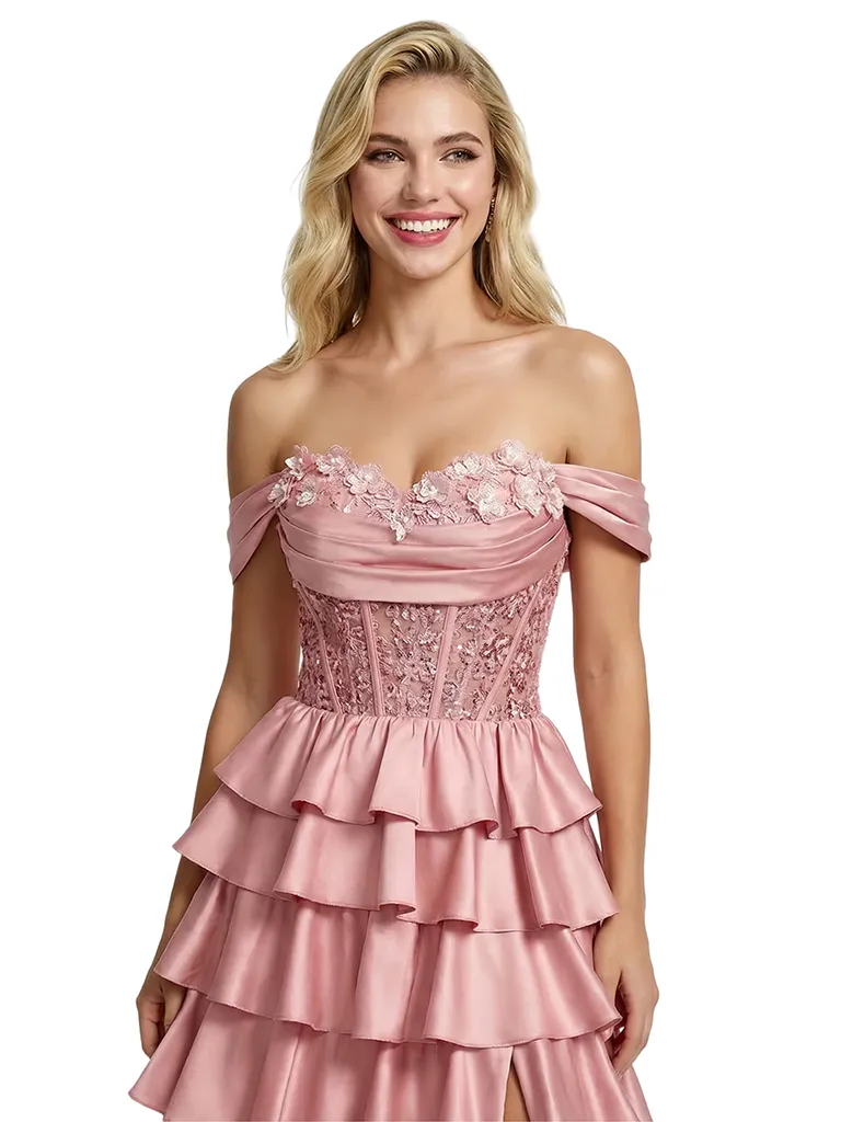 ChicSew Fancy Off Shoulder Lace Corset Bodice Tiered Ruffle High Slit A-Line Silhouette Floor Length Formal Evening Gown sold by ChicSew product image thumbnail 2